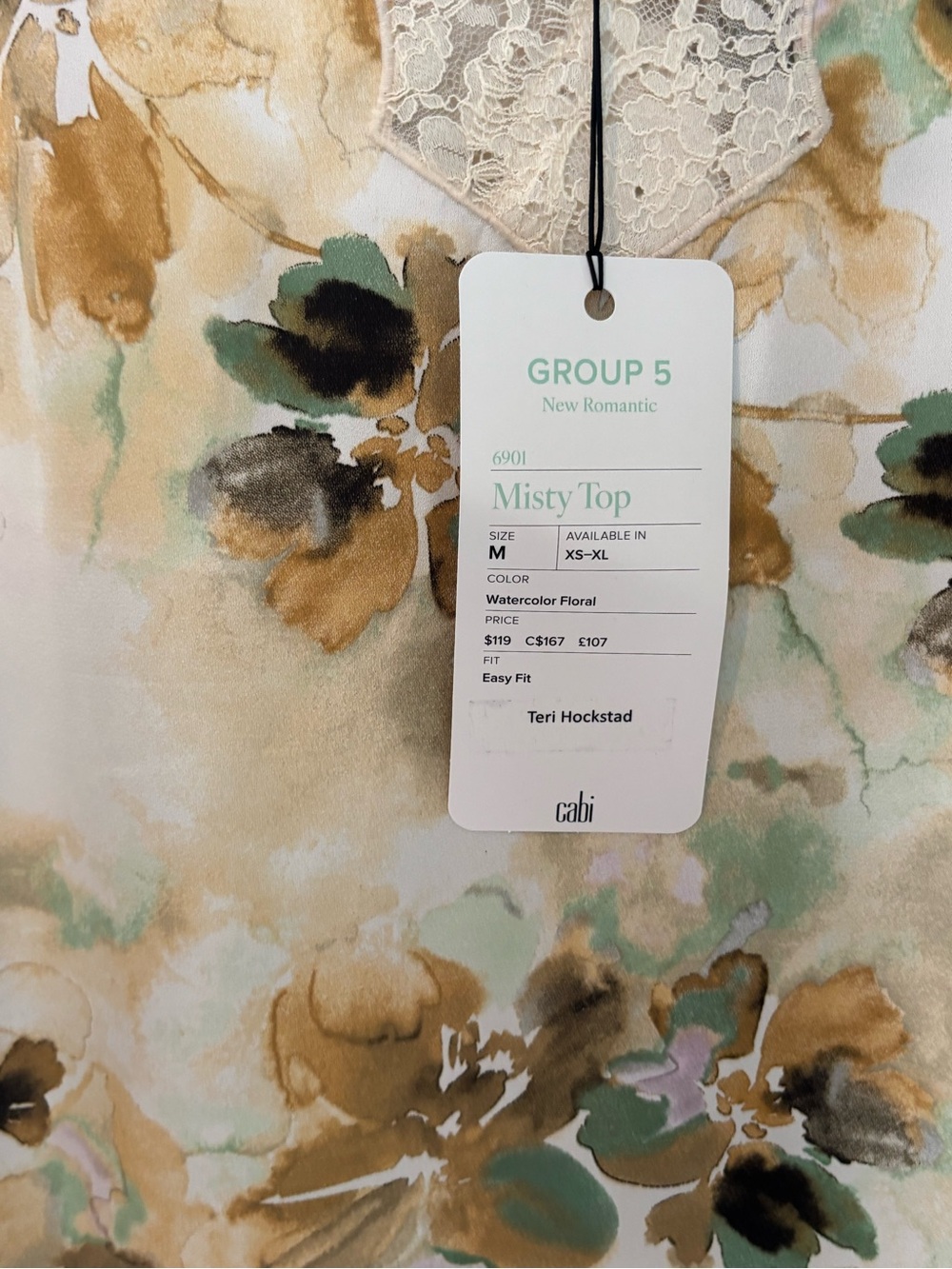 Silky Floral Lace V-Neck Tank Top - Beige/Green med Misty Top  6901 - Picture 3 of 7
